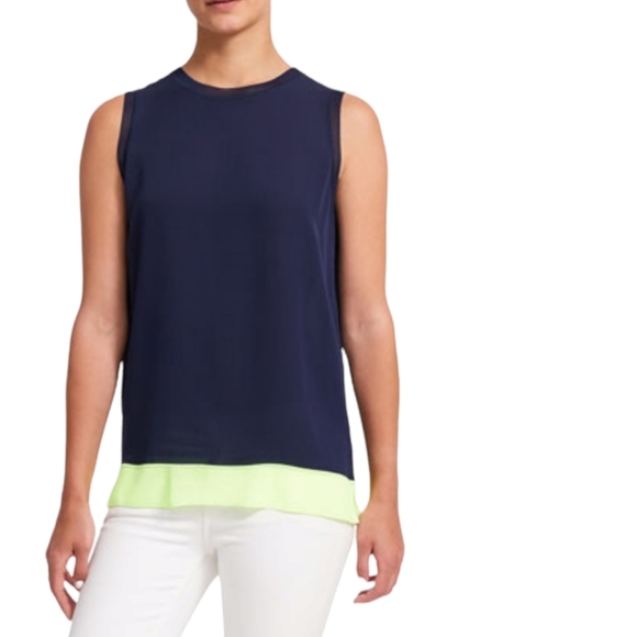 THEORY Lewie Silk tank top in Navy / chartreuse size Small - Picture 3 of 12